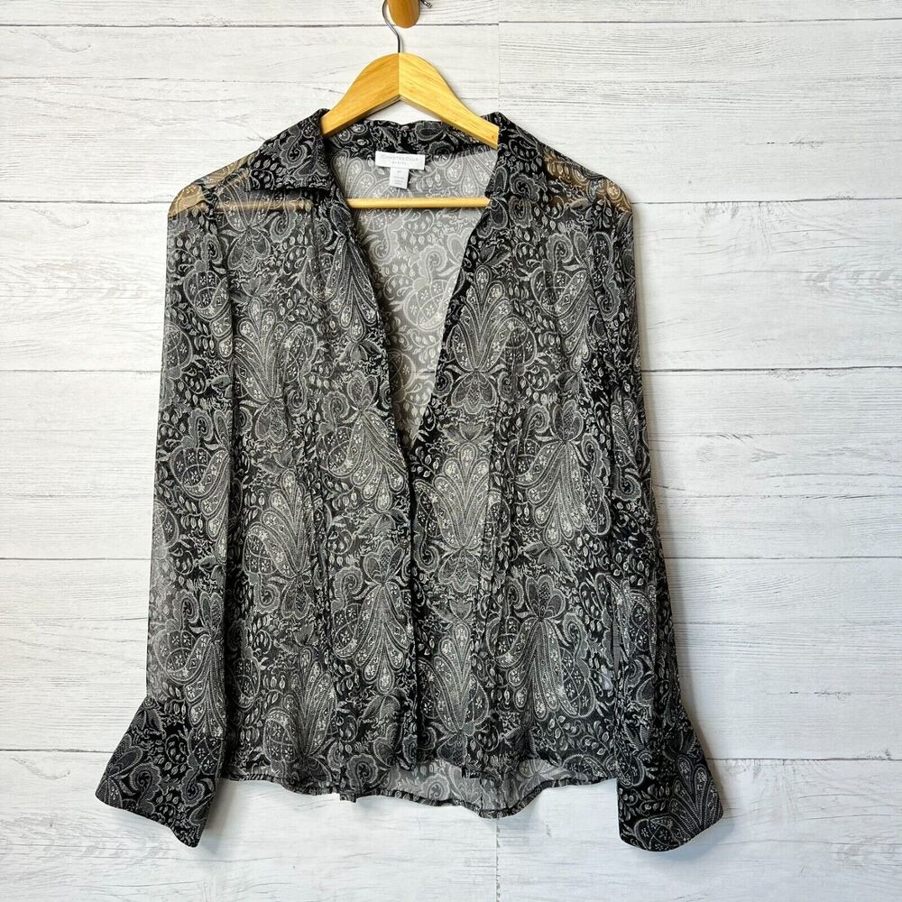 Charter Club Blouse Womens Size 8P Black Sheer Paisley Floral 100% Silk Goth